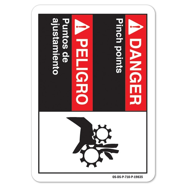 ANSI Danger Sign, Danger Pinch Points, Bilingual Spanish, 18in X 12in Decal, 12" W, 18" L, Landscape